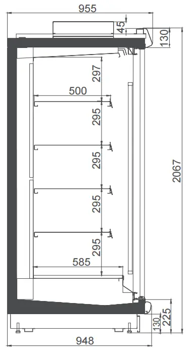 Dimensional specifications for Remote Japan Style Glass Door Freezer with slim-profile vertical modularity and precision -18 to -22°C industrial cooling - XCCold Series