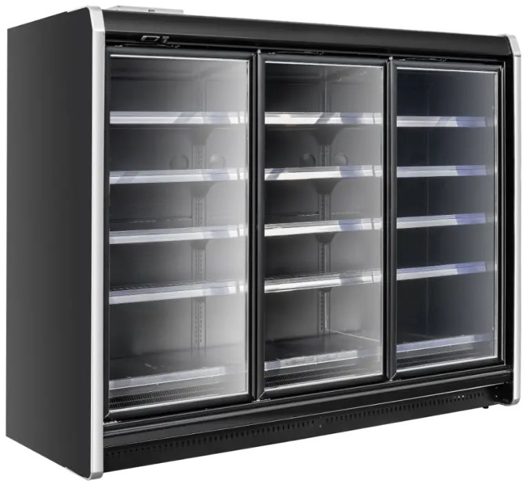 Remote Japan Style glass door freezer with ultra-slim profile and precision -18 to -22°C centralized industrial cooling - XCCold Series