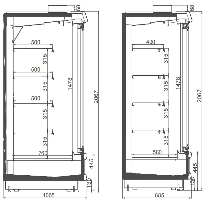 Technical dimensional specifications for Remote Japanese Style Glass Door Chiller with slim vertical profile and precision 0 to 5°C industrial cooling - XCCold Series