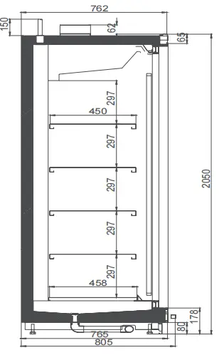 Technical dimensional specifications and size options for Remote Luxury Glass Door Chiller Freezer with high-density vertical display - XCCold Series