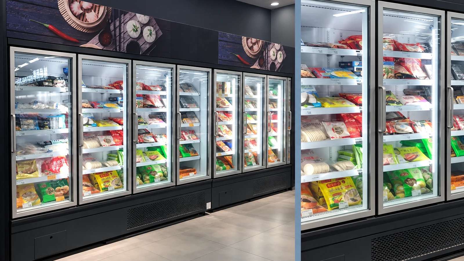 Glass-door upright cabinet line used as the exact chiller and freezer category reference