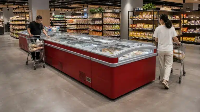Two shoppers moving trolleys around a combined sliding glass lid island freezer