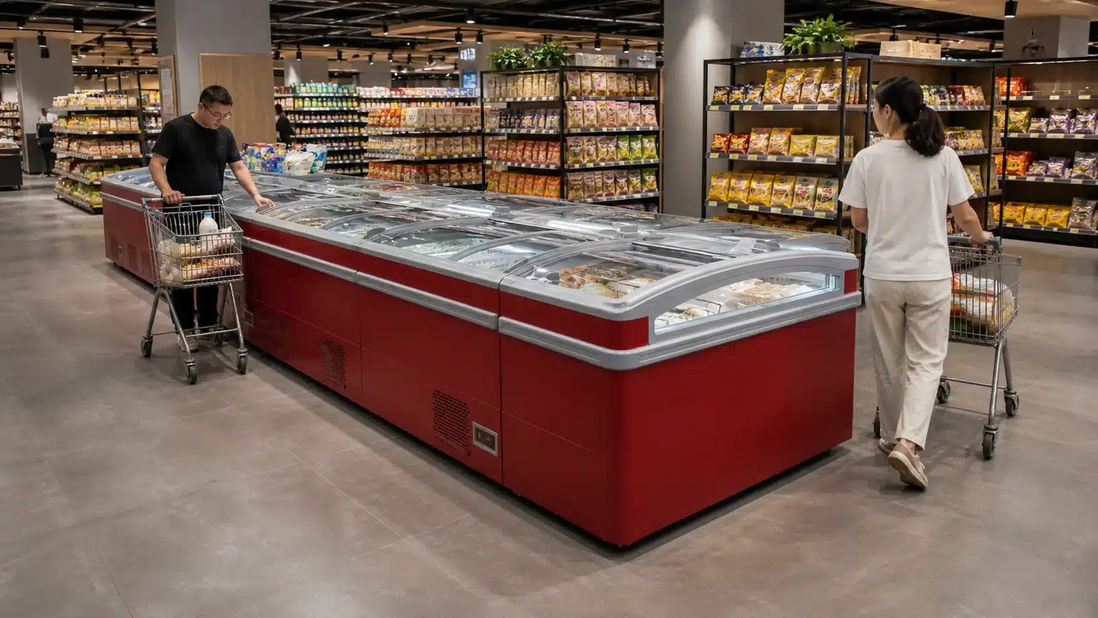Two shoppers moving trolleys around a combined sliding glass lid island freezer