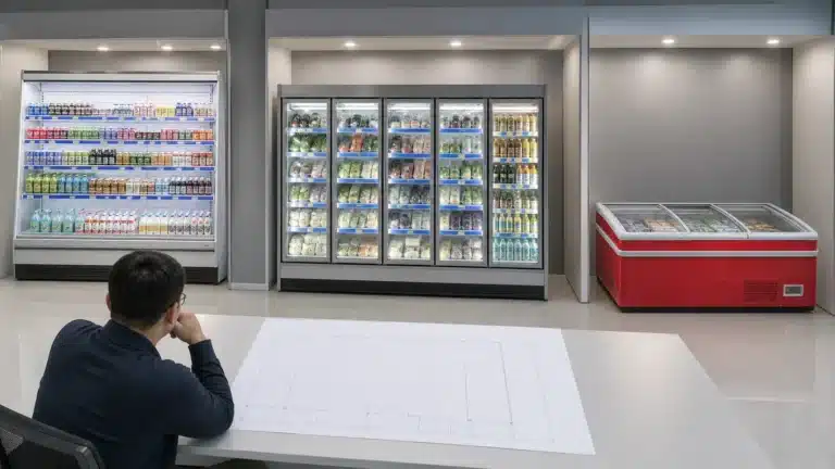 Buyer comparing separate open chiller glass-door upright and island freezer structures