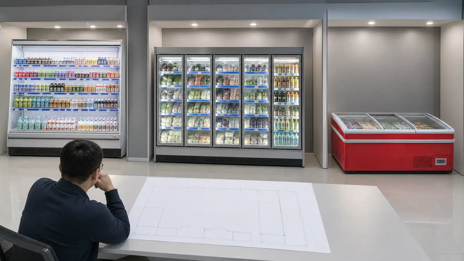 Buyer comparing separate open chiller glass-door upright and island freezer structures