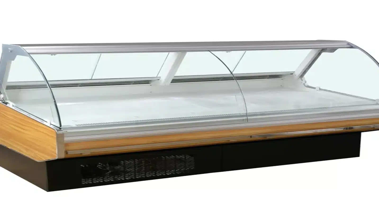 Curved-glass deli counter base and compressor-compartment detail
