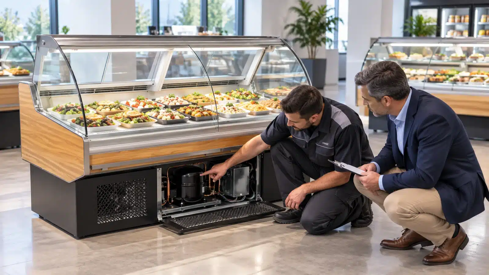 Buyer and technician reviewing a plug-in curved-glass deli counter service compartment