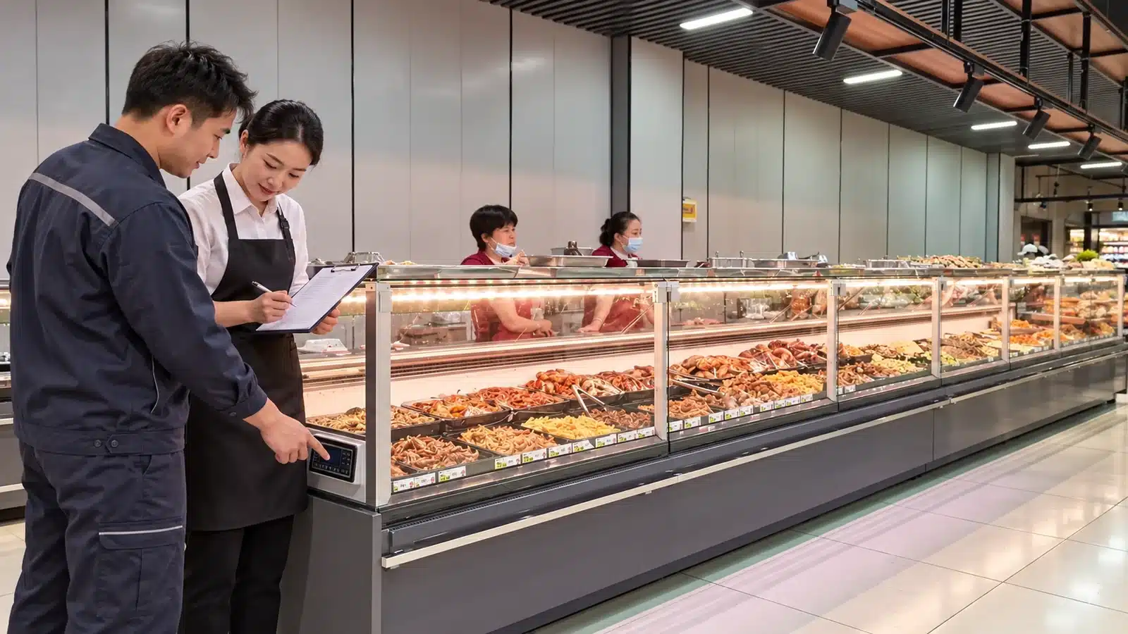 Technician and store supervisor reviewing a deli showcase controller handover