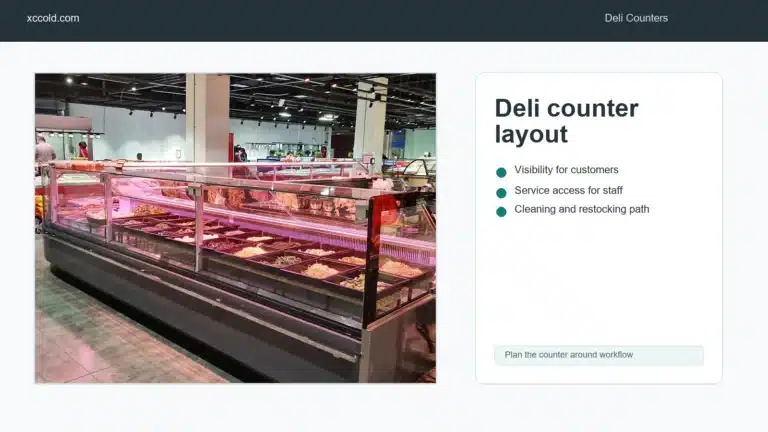 Deli showcase counter layout in a supermarket service area