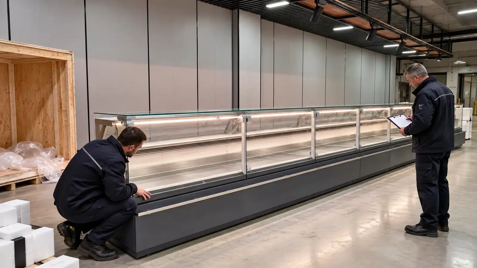 Crew documenting a flat-glass deli showcase during crate unloading
