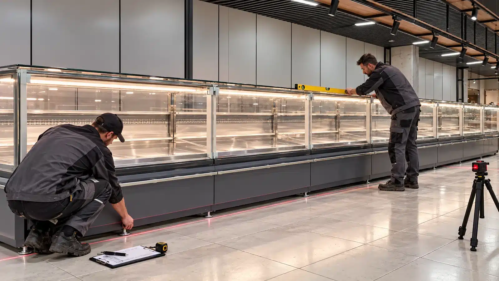 Technicians leveling a flat-glass deli showcase lineup on a surveyed floor