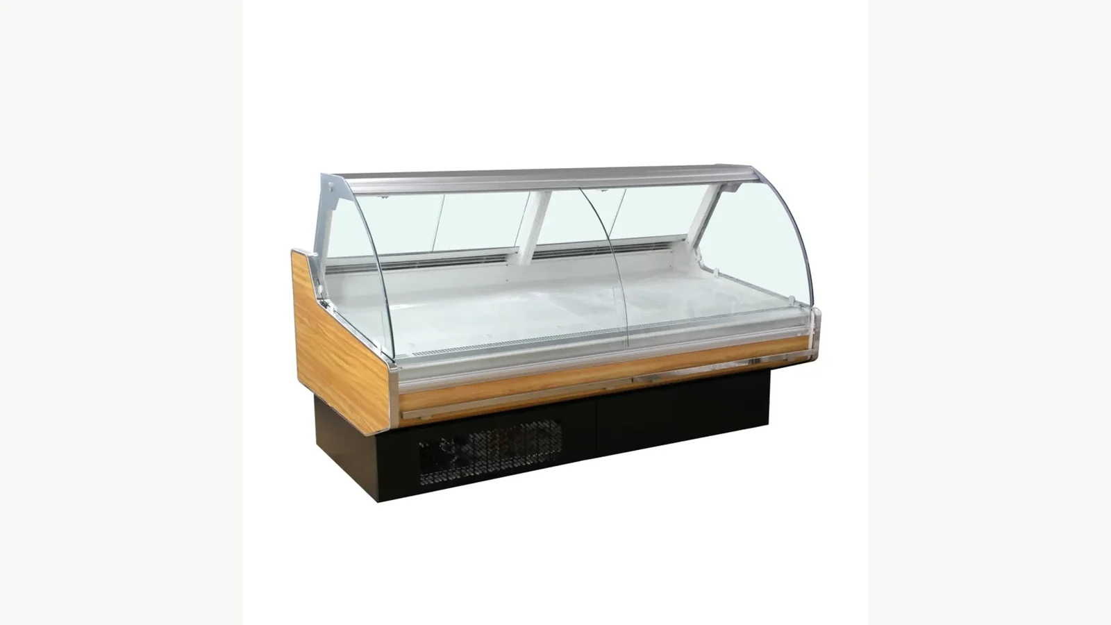 Exact curved-glass deli showcase variant with listed storage structure