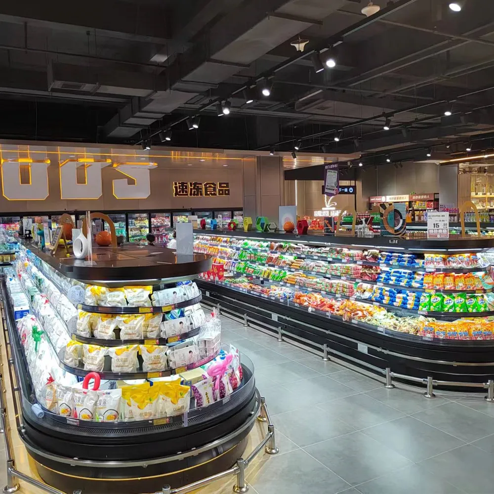 Energy-efficient remote semi-height air-curtain cooler with precision 0 to 5°C thermal stability and external compressor for sustainable supermarket retail - XCCold Series