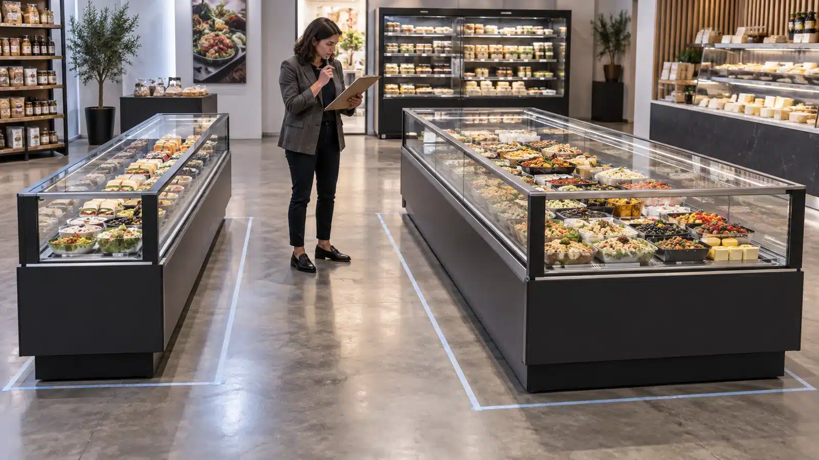 Planner comparing compact and deep plug-in flat-glass deli counters