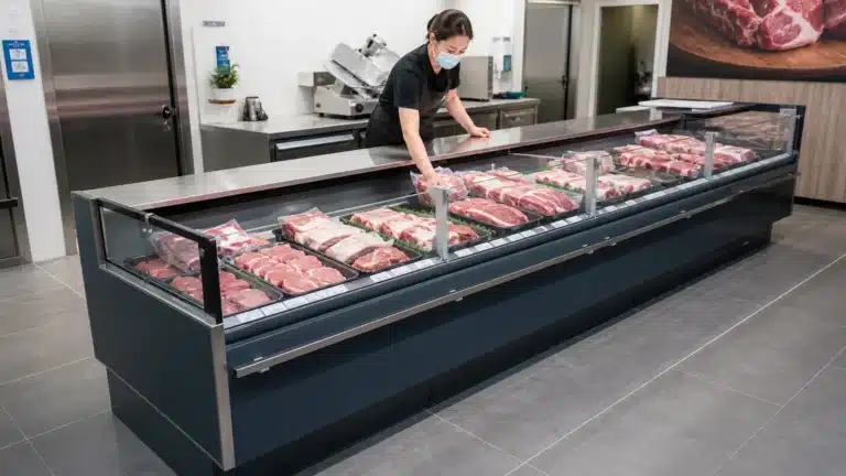 Staff member checking reach across a straight-glass fresh meat showcase display