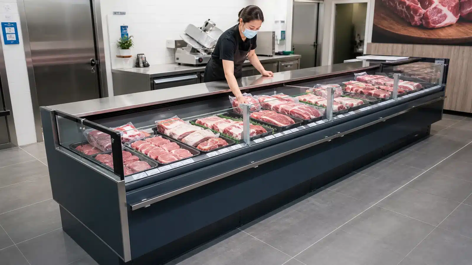 Staff member checking reach across a straight-glass fresh meat showcase display