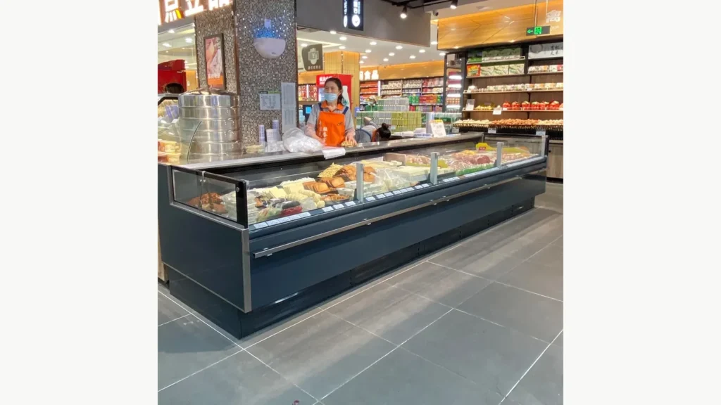 Fresh-meat showcase counter used as the lighting test reference