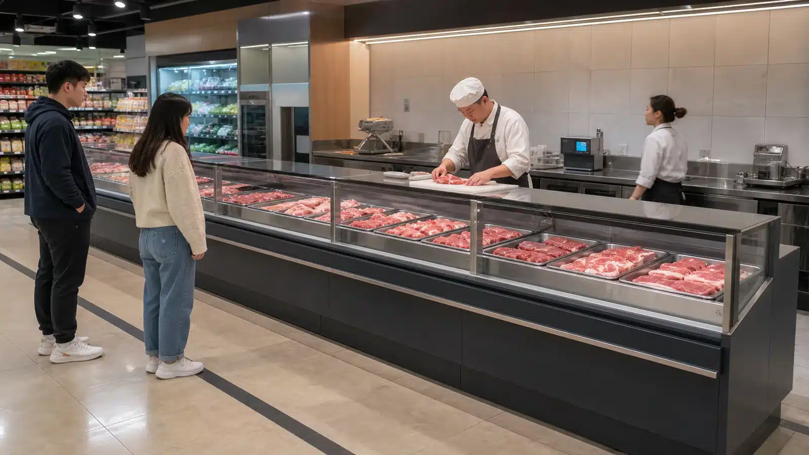 Customer queue and staff route around a straight glass fresh meat showcase