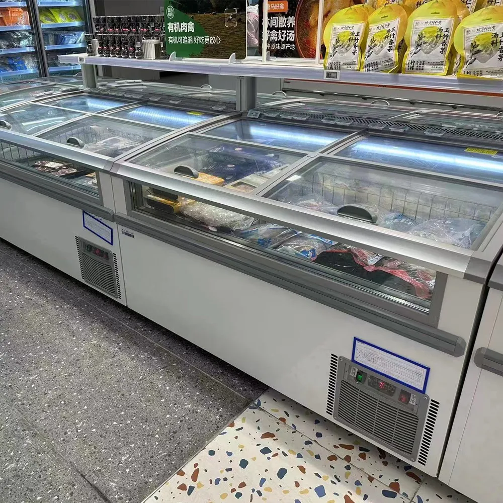 Frozen fish and seafood island freezer with precision -18 to -22°C cooling and high-visibility panoramic glass - XCCold Series