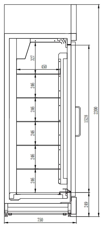 Technical dimensional specifications and size options for glass door cooler with integrated LED light box and promotional header - XCCold Series
