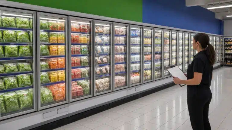 Multi-door glass upright chiller organized into distinct door and shelf zones