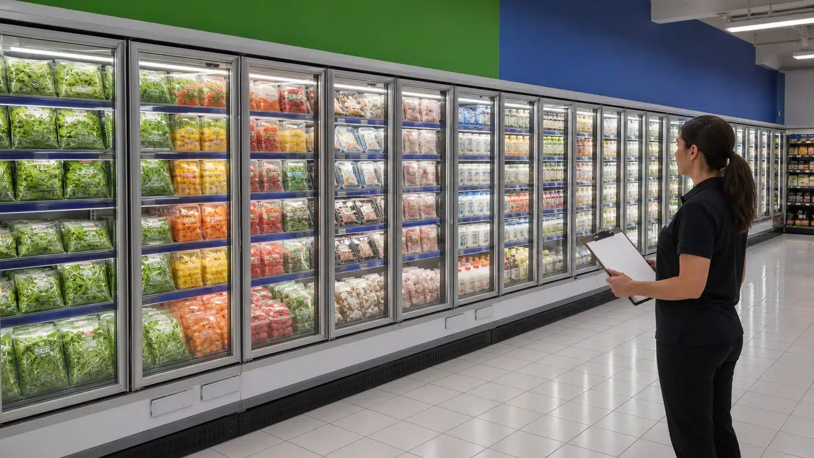Multi-door glass upright chiller organized into distinct door and shelf zones