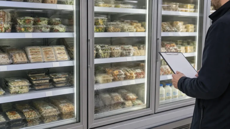 Inspector recording localized moisture on one door of a glass-door upright chiller