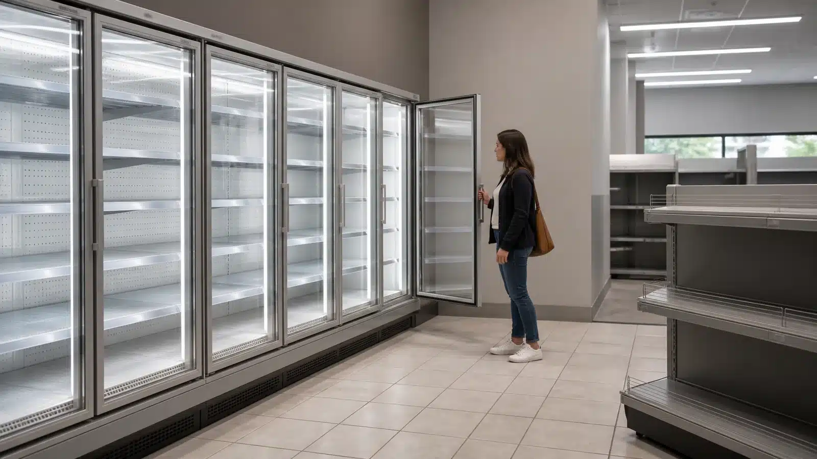 End glass door of an upright chiller opened beside a finished wall