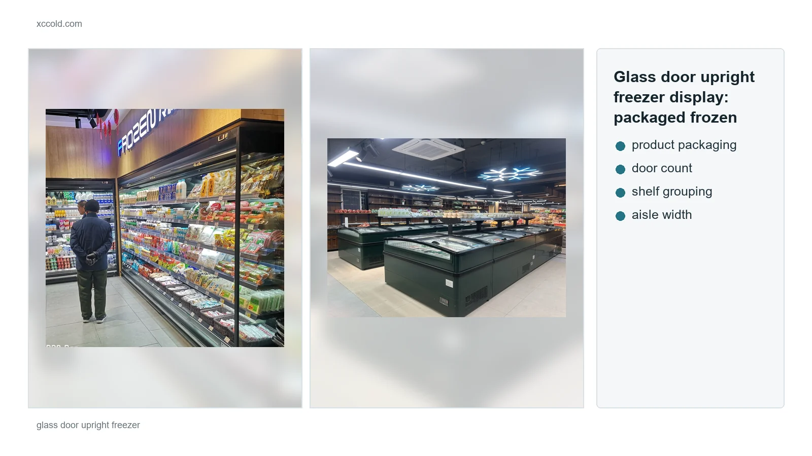 Glass door upright freezer display for packaged frozen foods