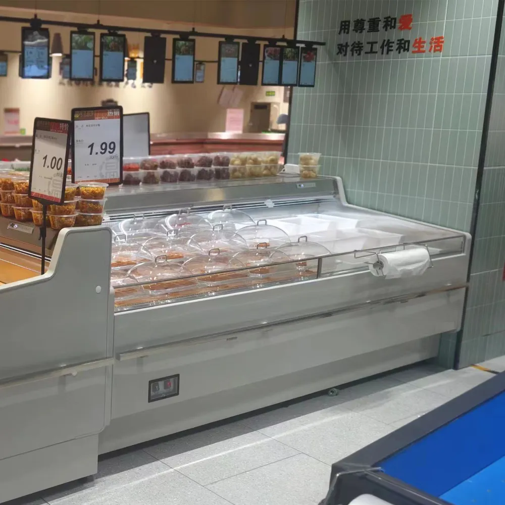 High-capacity remote tiered meat merchandiser with straight glass for large supermarkets - XCCold Commercial