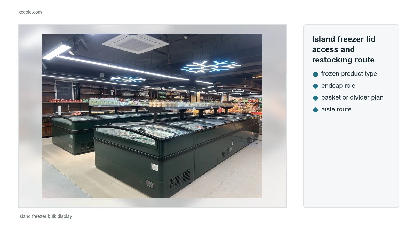 Island freezer lid access and restocking route check