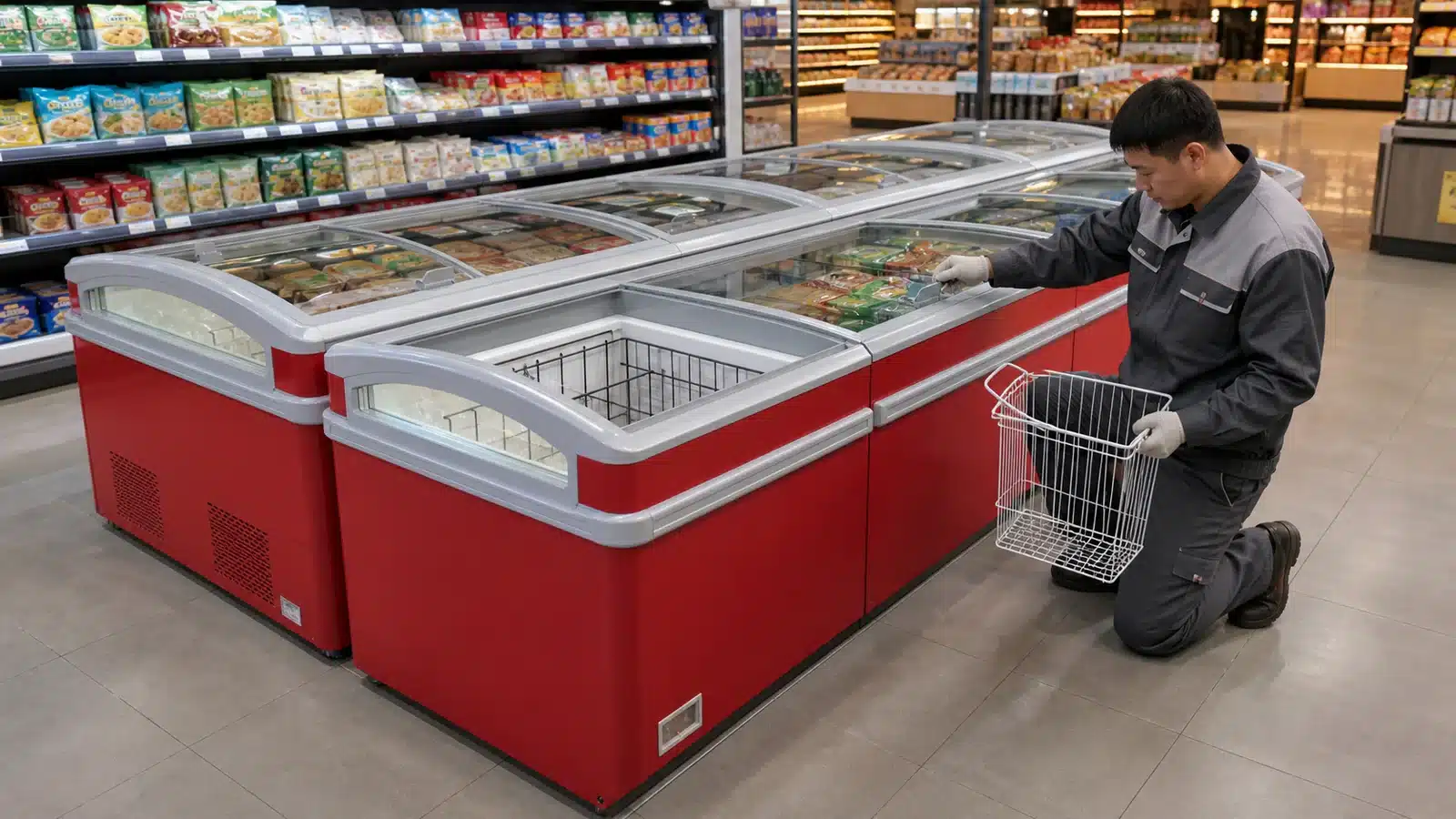 Technician identifying a sliding glass lid and basket for an island freezer