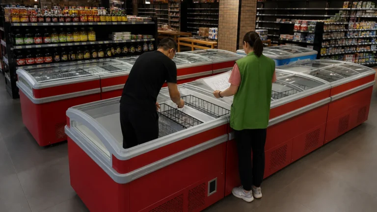 Store staff resetting baskets inside low island freezers with sliding glass lids