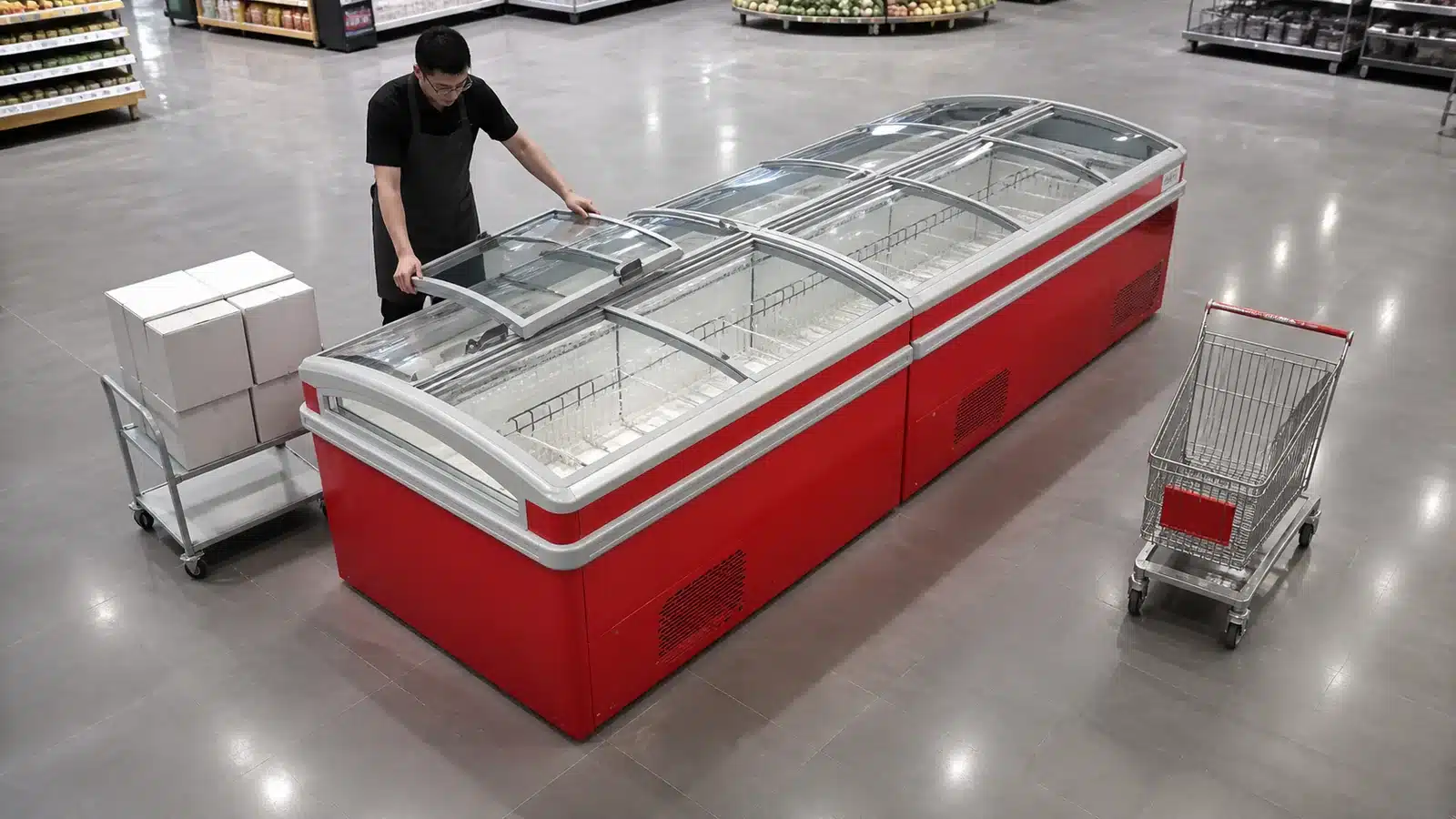 Staff member opening an island freezer from the replenishment side beside a clear cart route