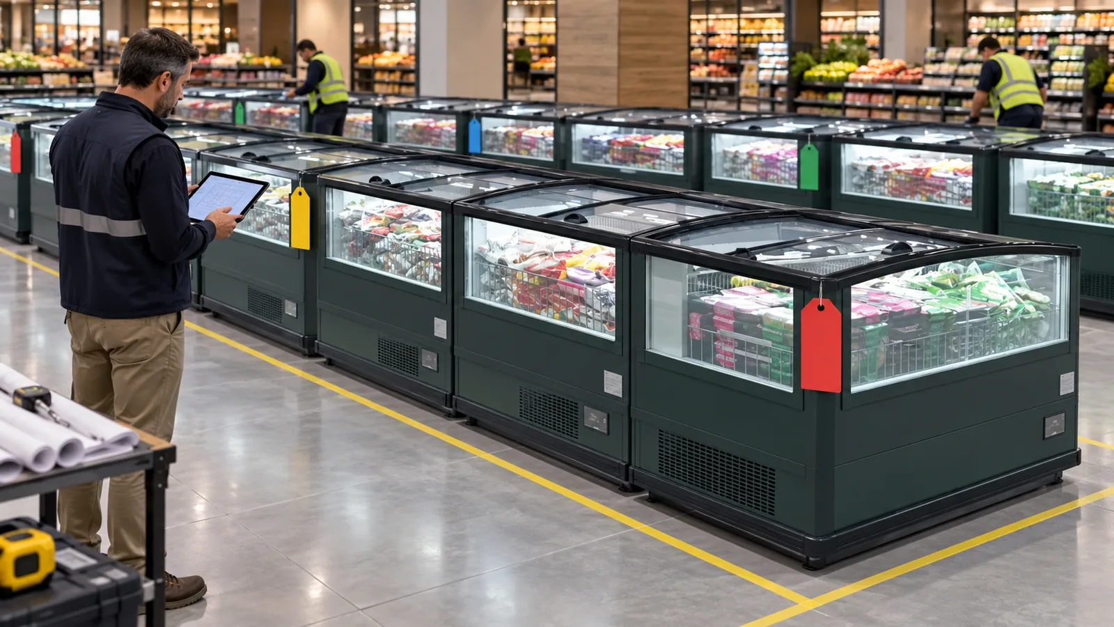 High-vision island freezer line being checked against a multi-store rollout schedule