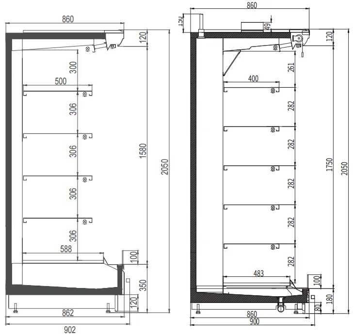 Technical sizing chart for low-base remote open chillers featuring ultra-low 300mm front-height profiles and modular 1875mm to 3750mm lengths - XCCold Series