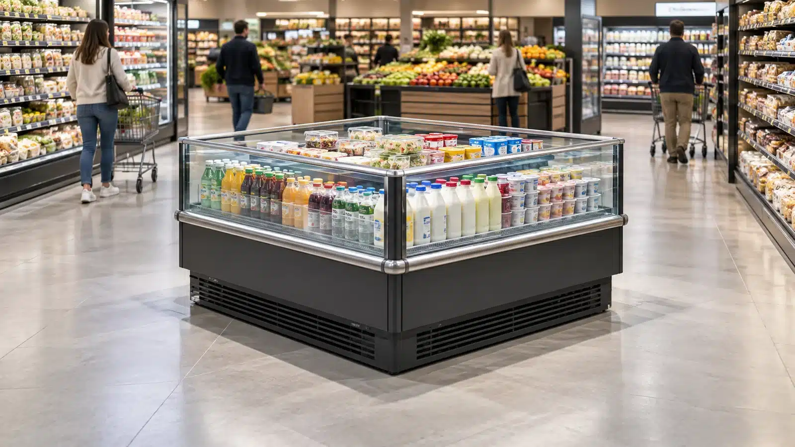 Plug-in mini island open chiller positioned at a supermarket endcap