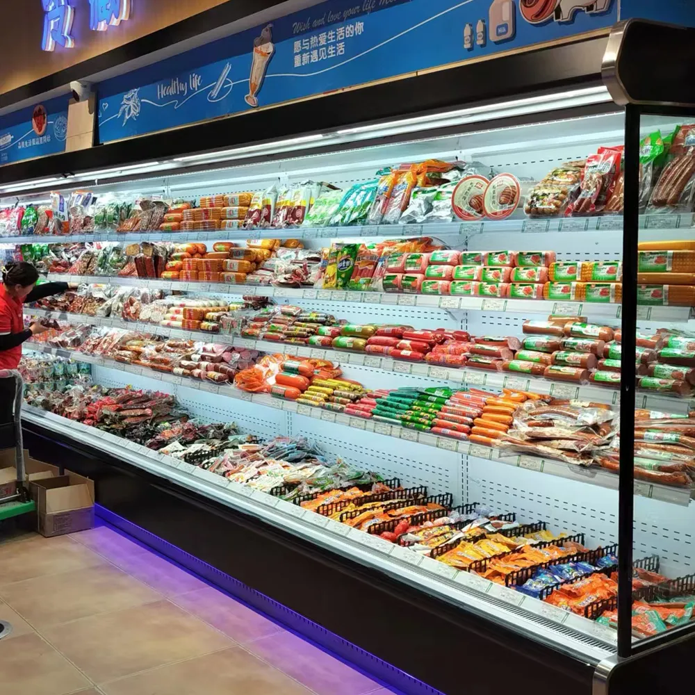 Minimalist Japanese-design remote multideck open fridge with ultra-slim profile and precision 0 to 5°C industrial-grade air-curtain cooling - XCCold Series