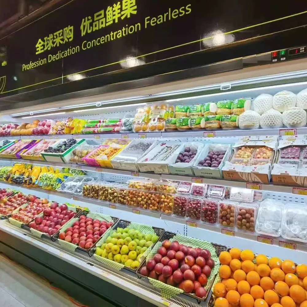 Mirror-side panel remote open-front display case with internal reflective finish and precision 0 to 5°C industrial-grade air-curtain cooling - XCCold Series