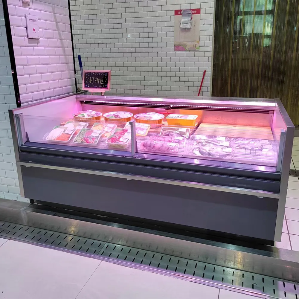 Modern luxury open top straight glass fresh meat chiller with premium industrial finish - XCCold Series