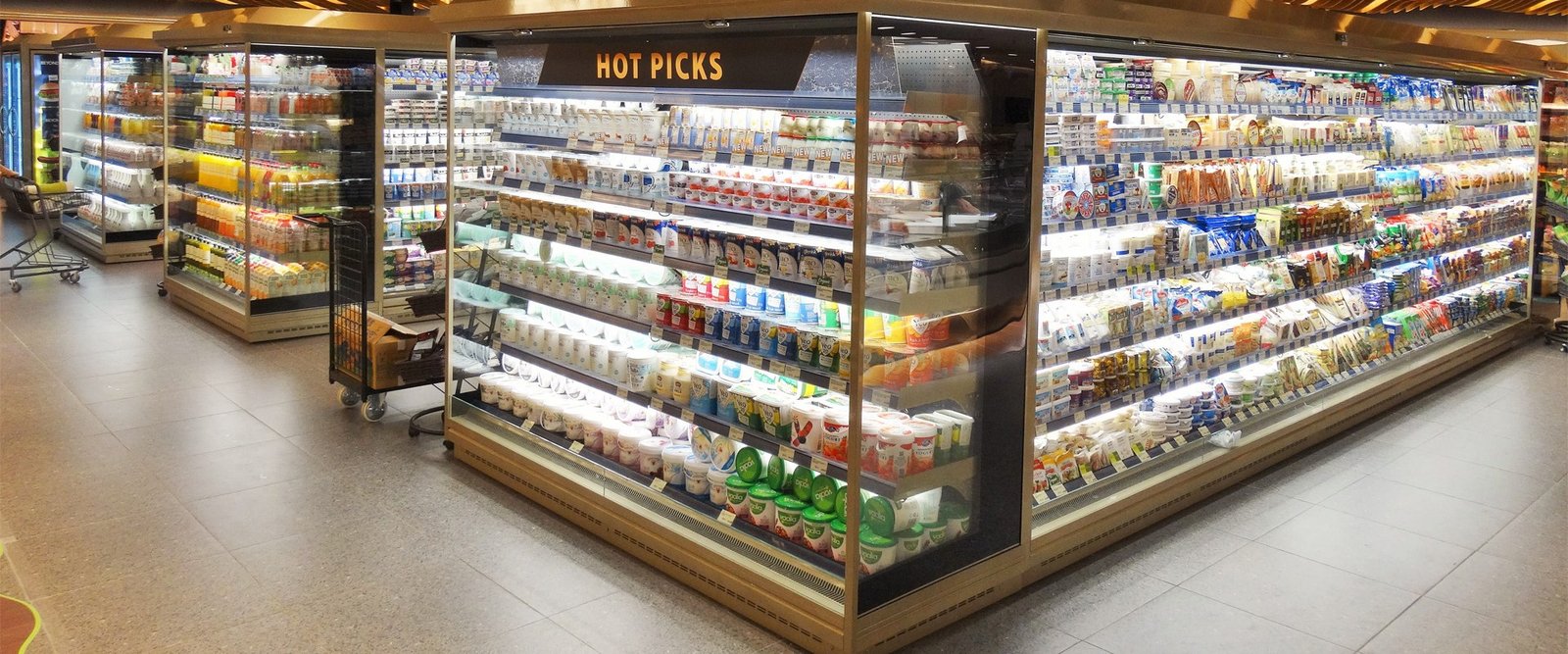 open display chiller for dairy and beverages in supermarket