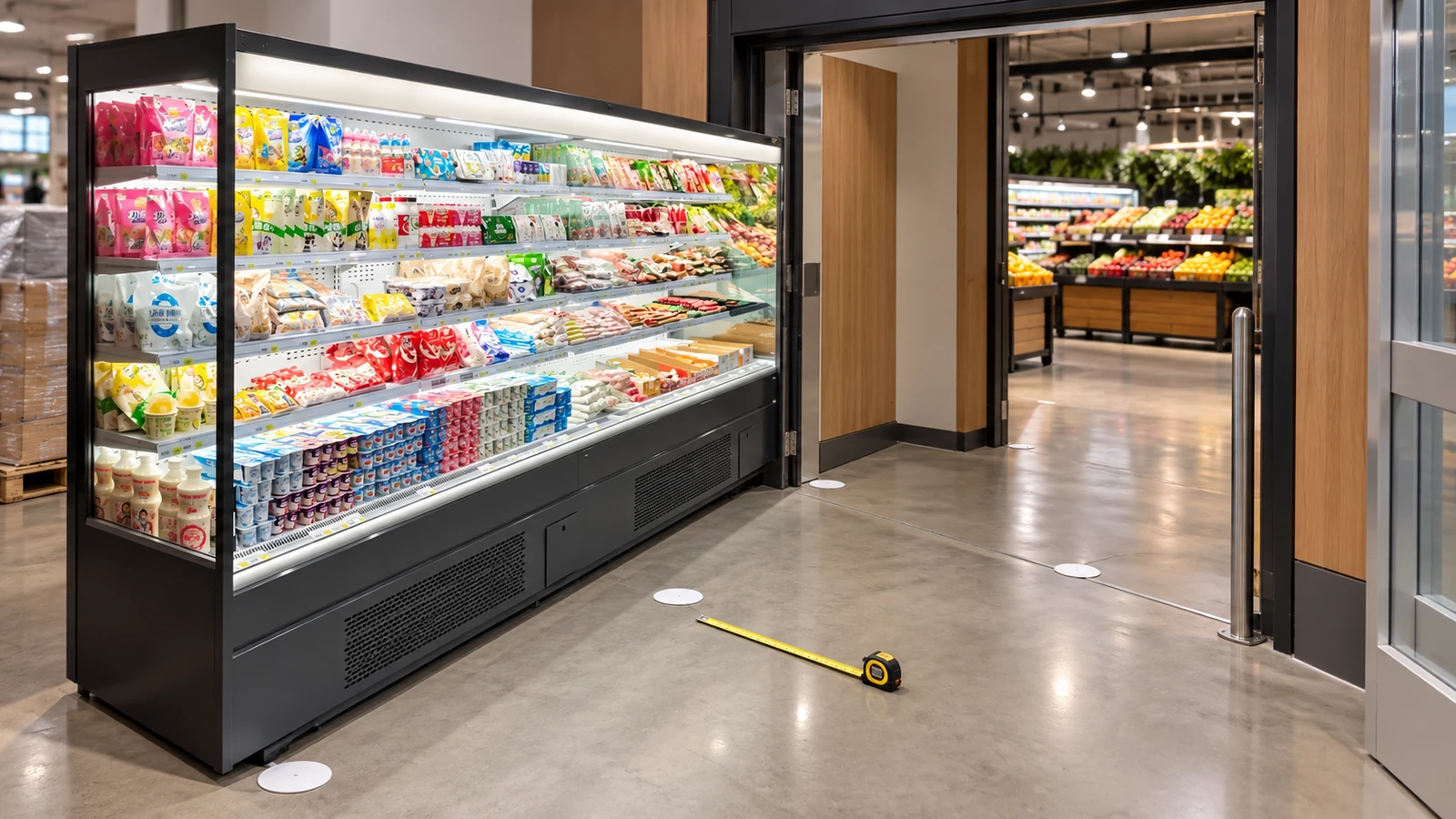 Plug-in open chiller beside a measured retail doorway and turning route
