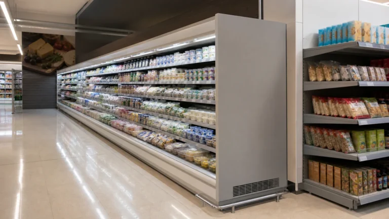 Open-front multideck chiller end panel beside an adjacent store aisle