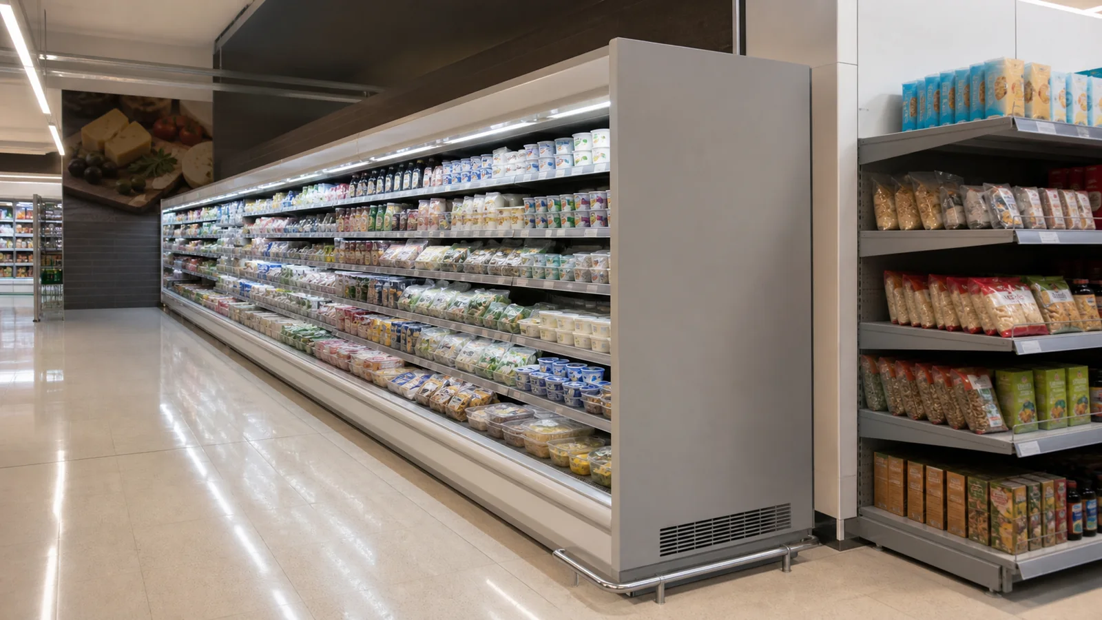 Open-front multideck chiller end panel beside an adjacent store aisle