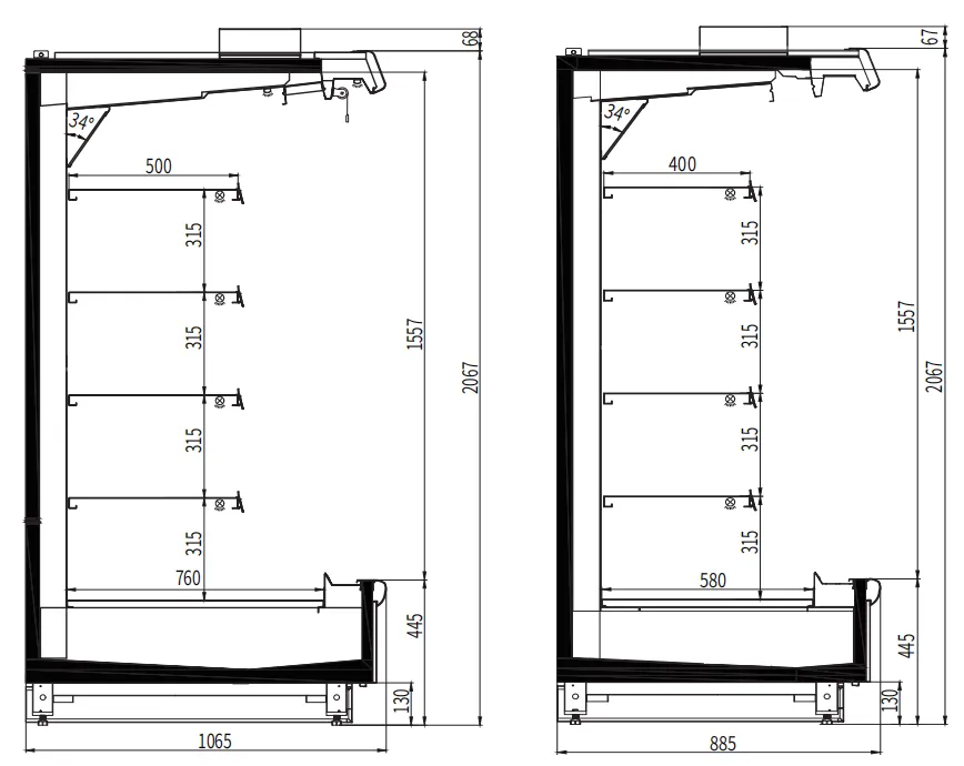 Technical dimensional specifications and ultra-slim profile options for Japanese-style minimalist open chiller - XCCold Series
