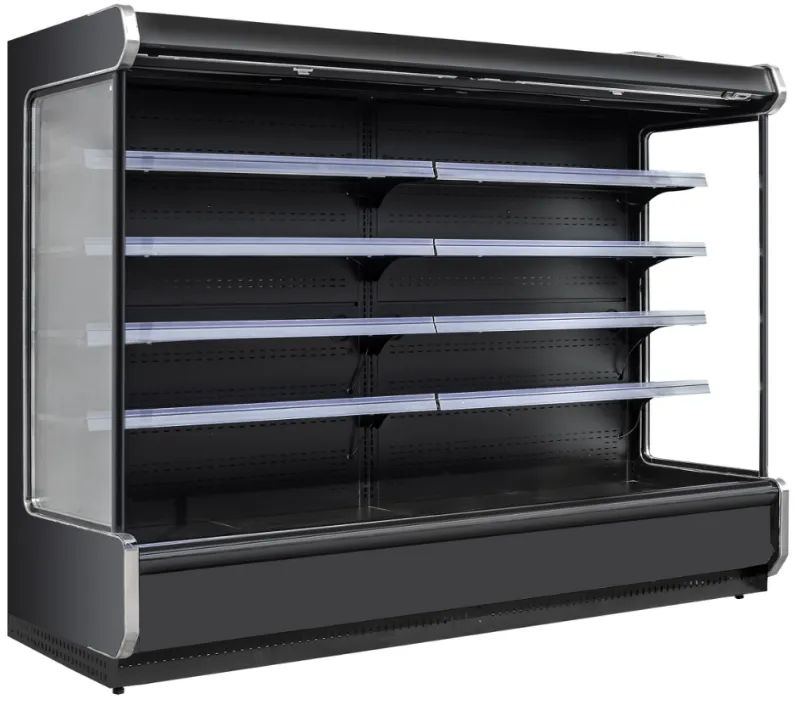 Japanese-style minimalist open chiller with ultra-slim frames, remote refrigeration, and precision 0 to 5°C industrial-grade air-curtain cooling - XCCold Series