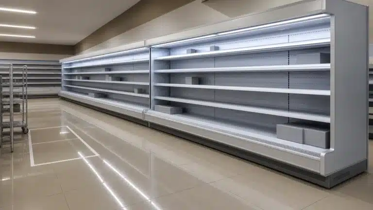 Open multideck chiller with unobstructed kickplate and lower front service access area