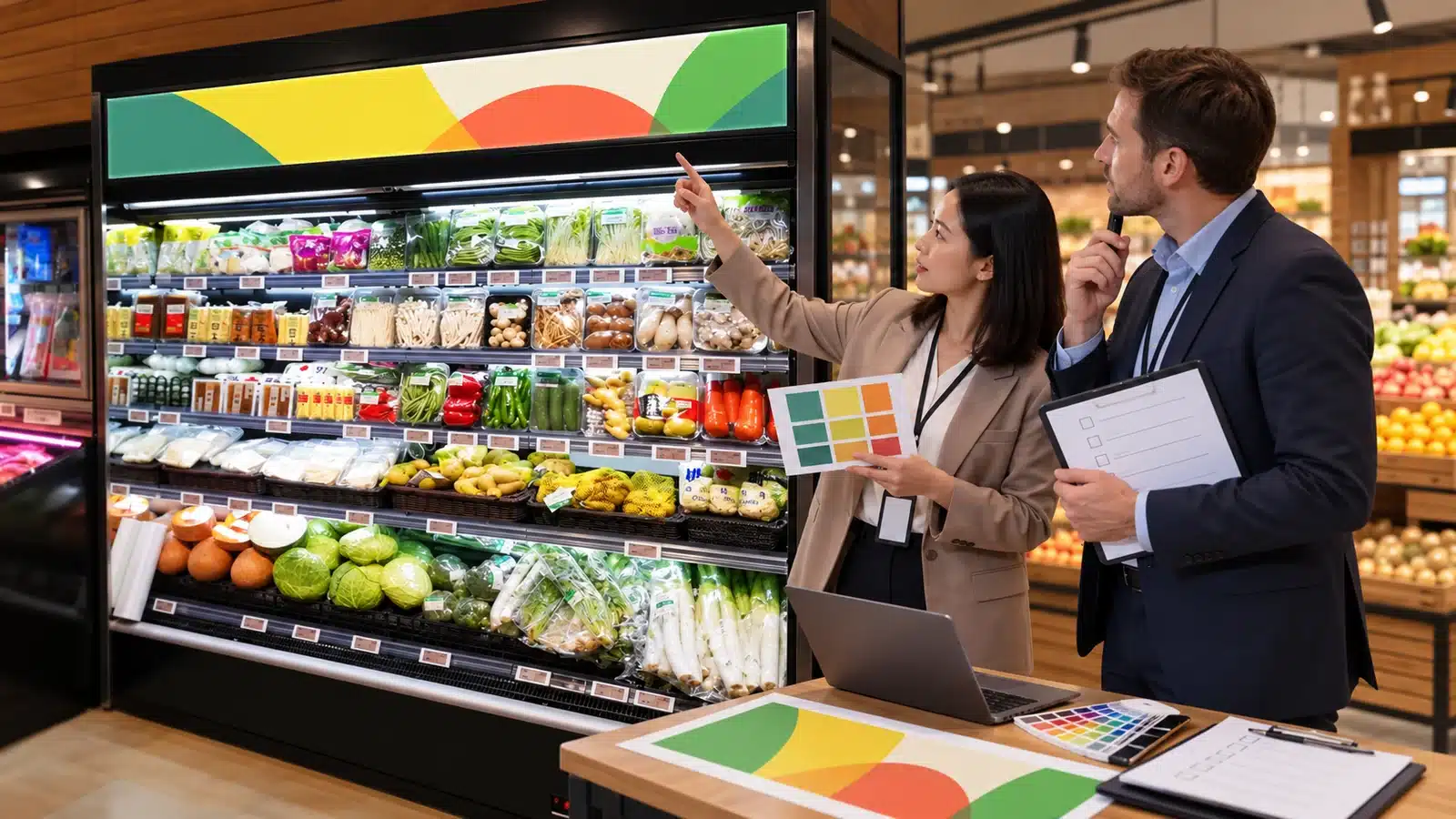 Buyer and supplier reviewing top-light-box artwork on an open chiller