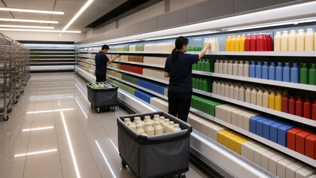 Open multideck chiller stock removed shelf by shelf into plain covered carts at night
