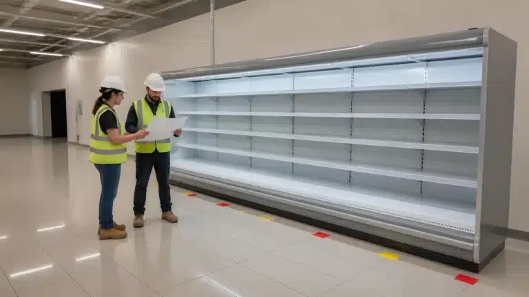 Project coordinators marking utility approach points beside an empty open-front multideck chiller